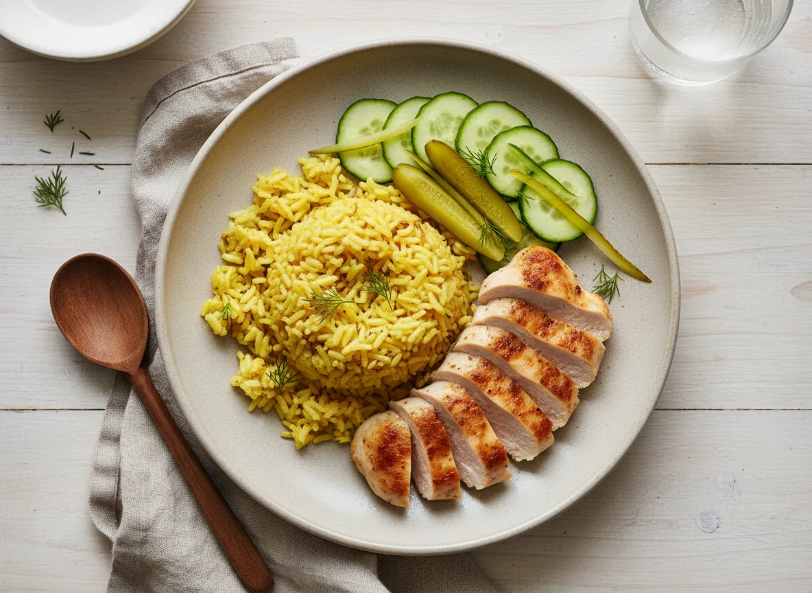 Курица с рисом и огурцом photo