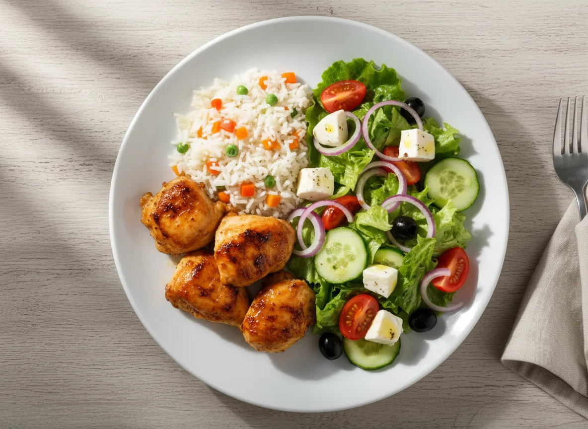 Курица с рисом и овощами, и греческим салатом photo