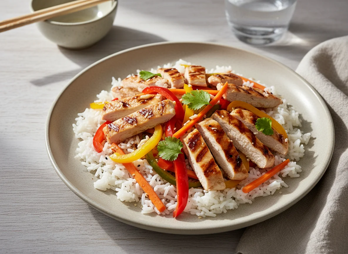 Курица с рисом и овощами по-азиатски photo