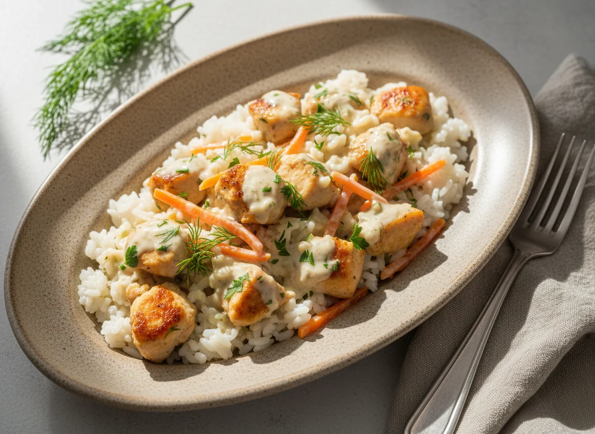 Курица с рисом и овощами в сливочном соусе photo