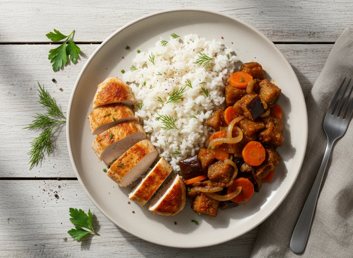 Курица с рисом и овощным рагу photo