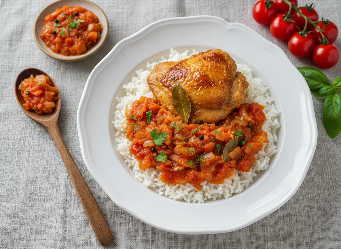 Курица с рисом и овощным соусом photo