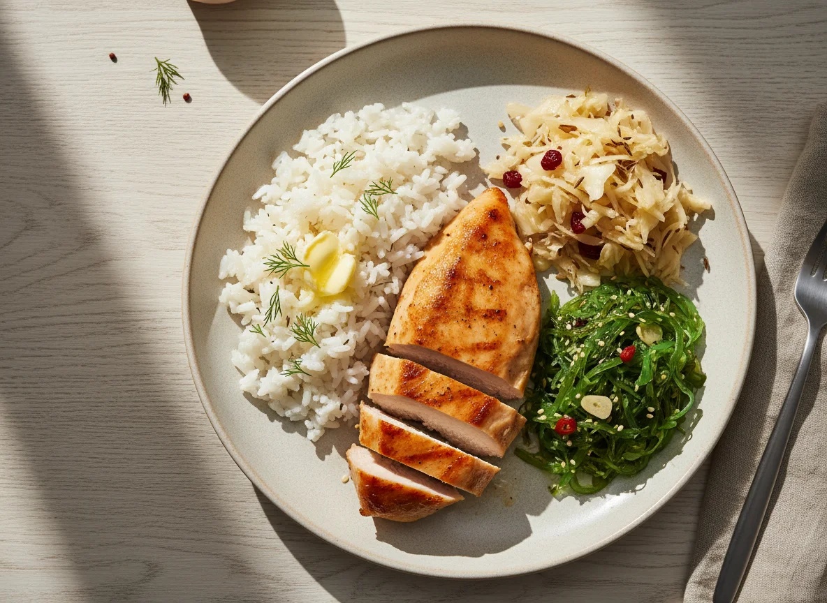 Курица с рисом и салатами photo