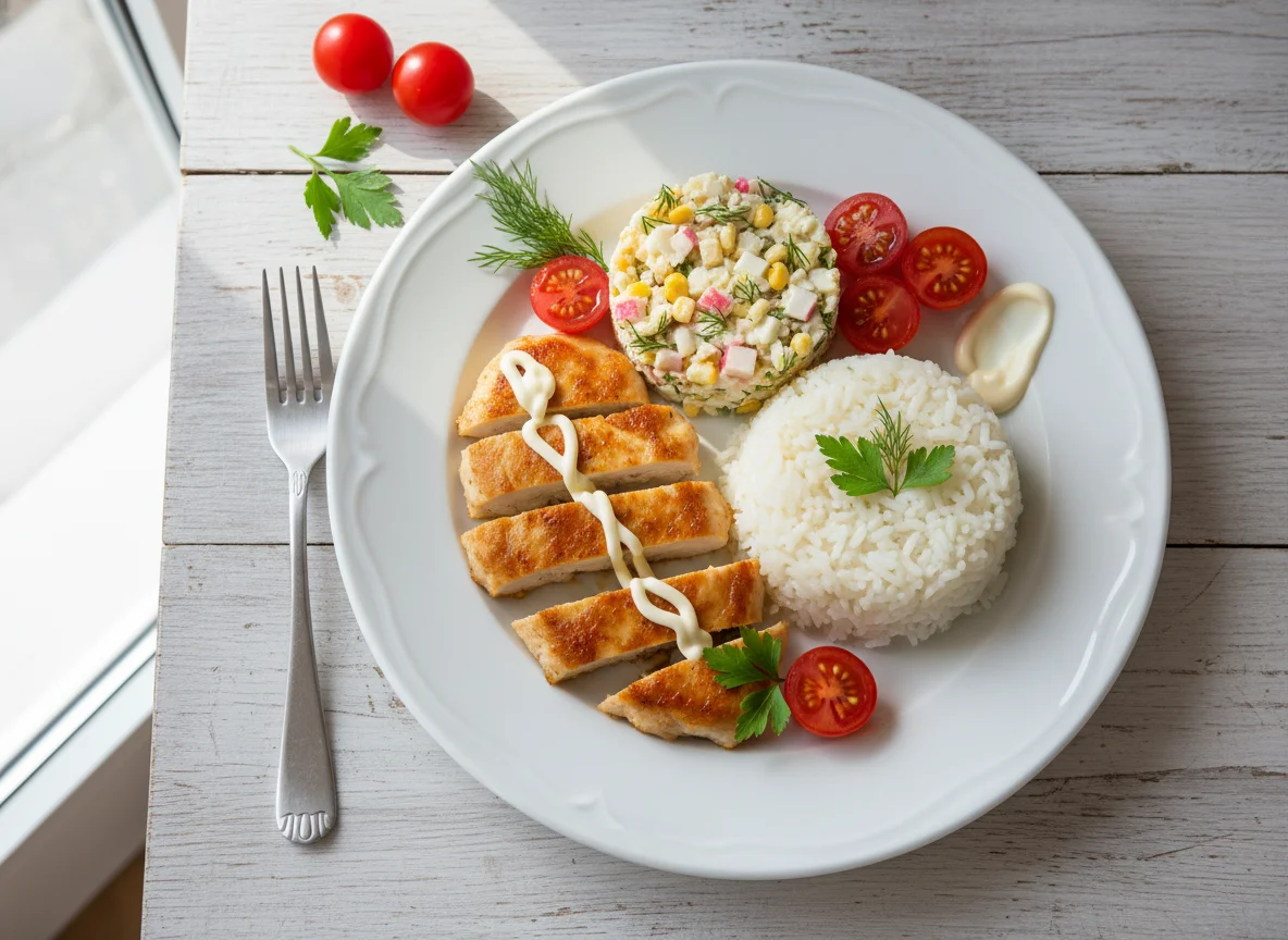 Курица с рисом и салатом photo