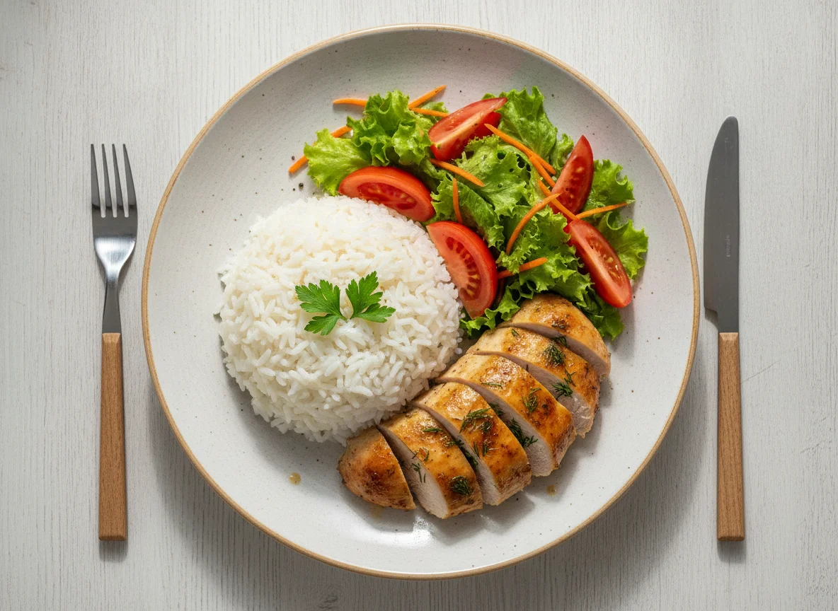 Курица с рисом и свежим салатом photo