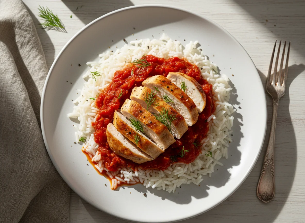 Курица с рисом и томатным соусом photo