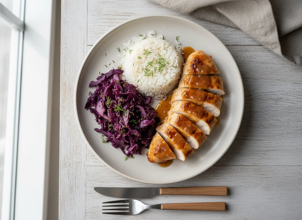 Курица с рисом и тушеной капустой photo