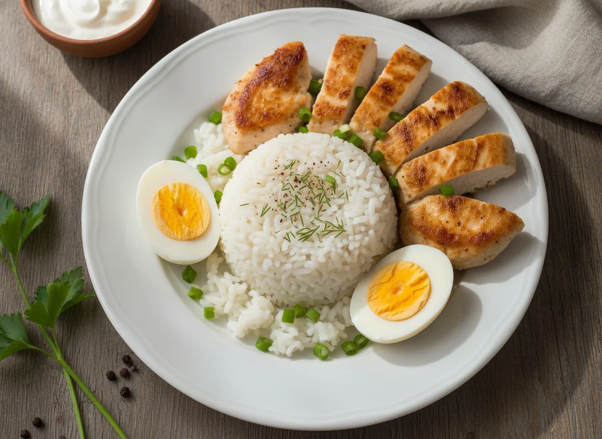 Курица с рисом и вареными яйцами photo