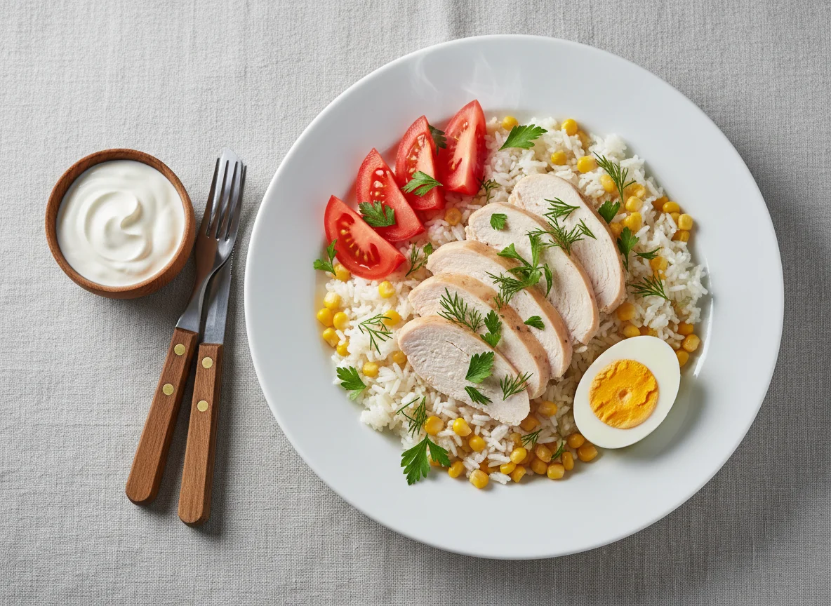 Курица с рисом, овощами и яйцом photo