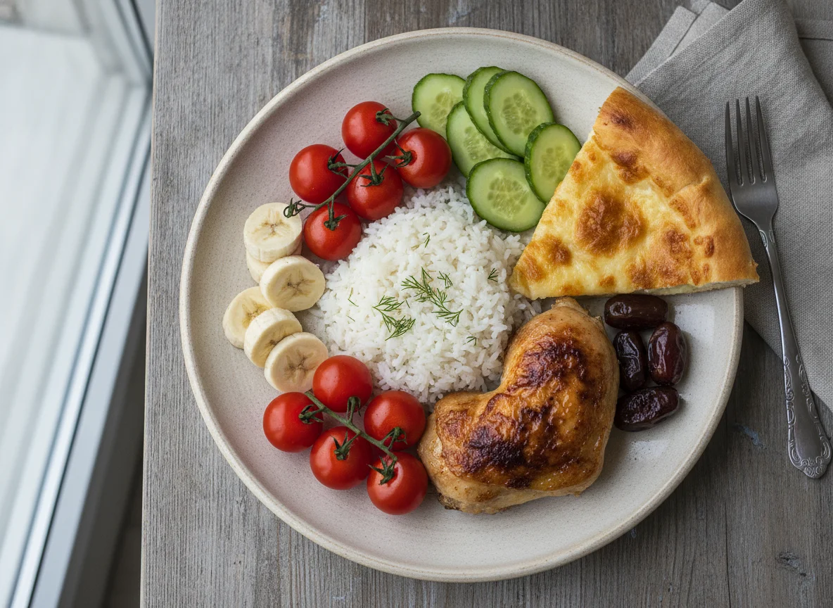 Курица с рисом, овощами и фруктами photo