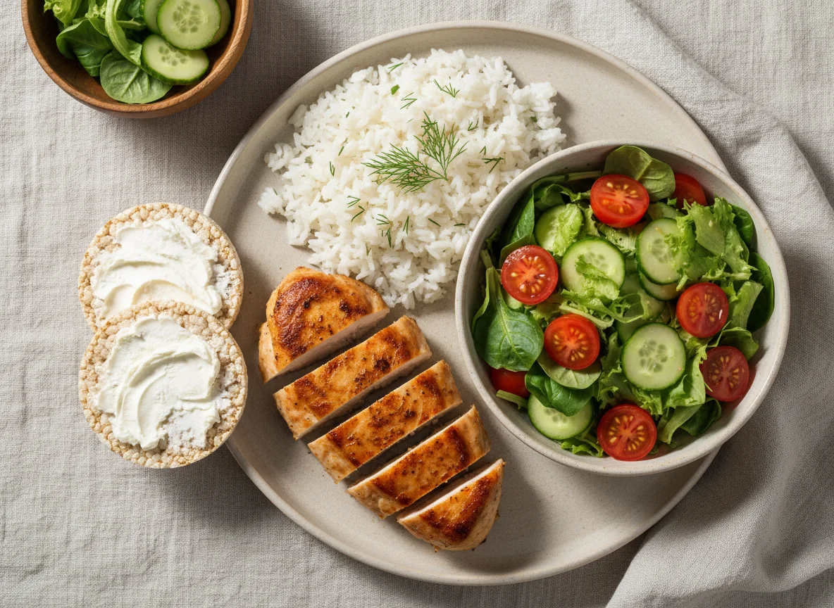 Курица с рисом, овощным салатом и хлебцем photo