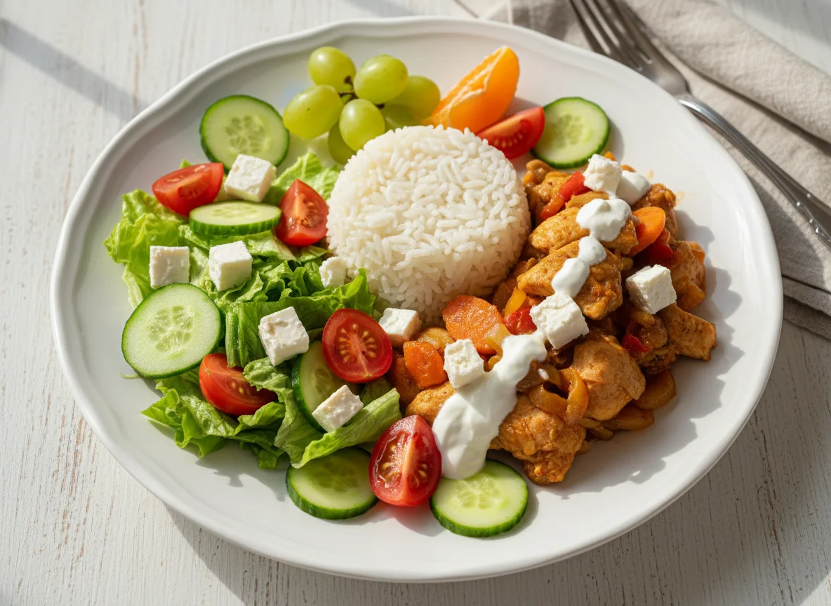 Курица с рисом, салатом и сыром photo