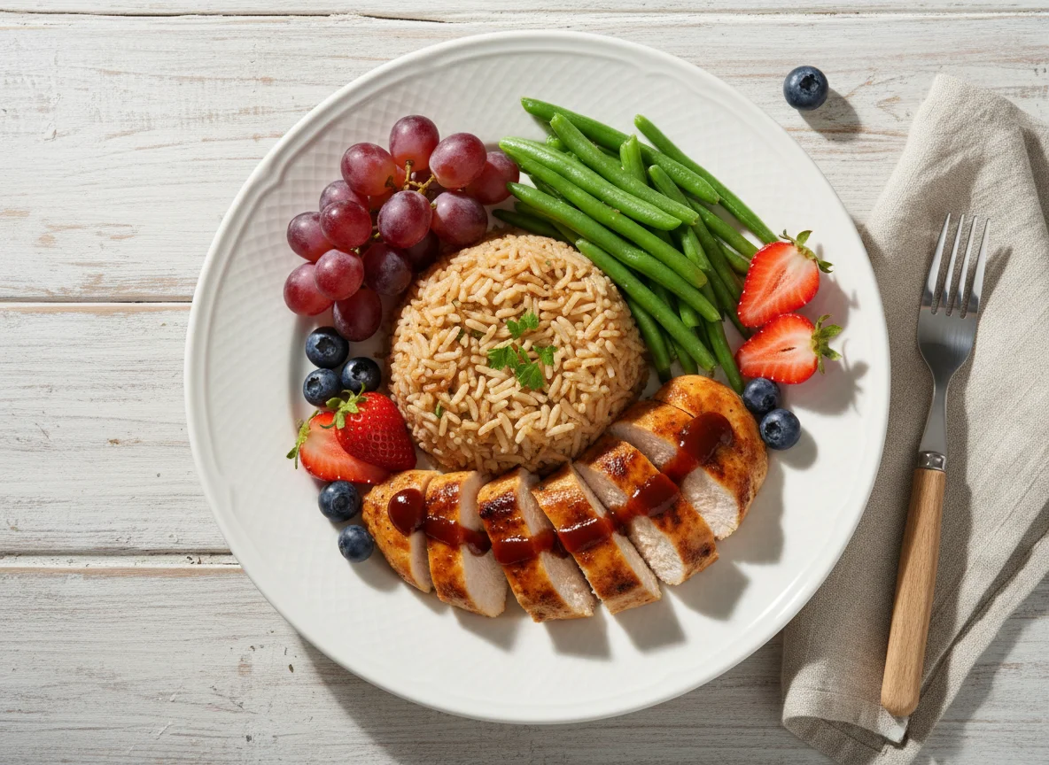 Курица с рисом, зеленой фасолью и ягодами photo