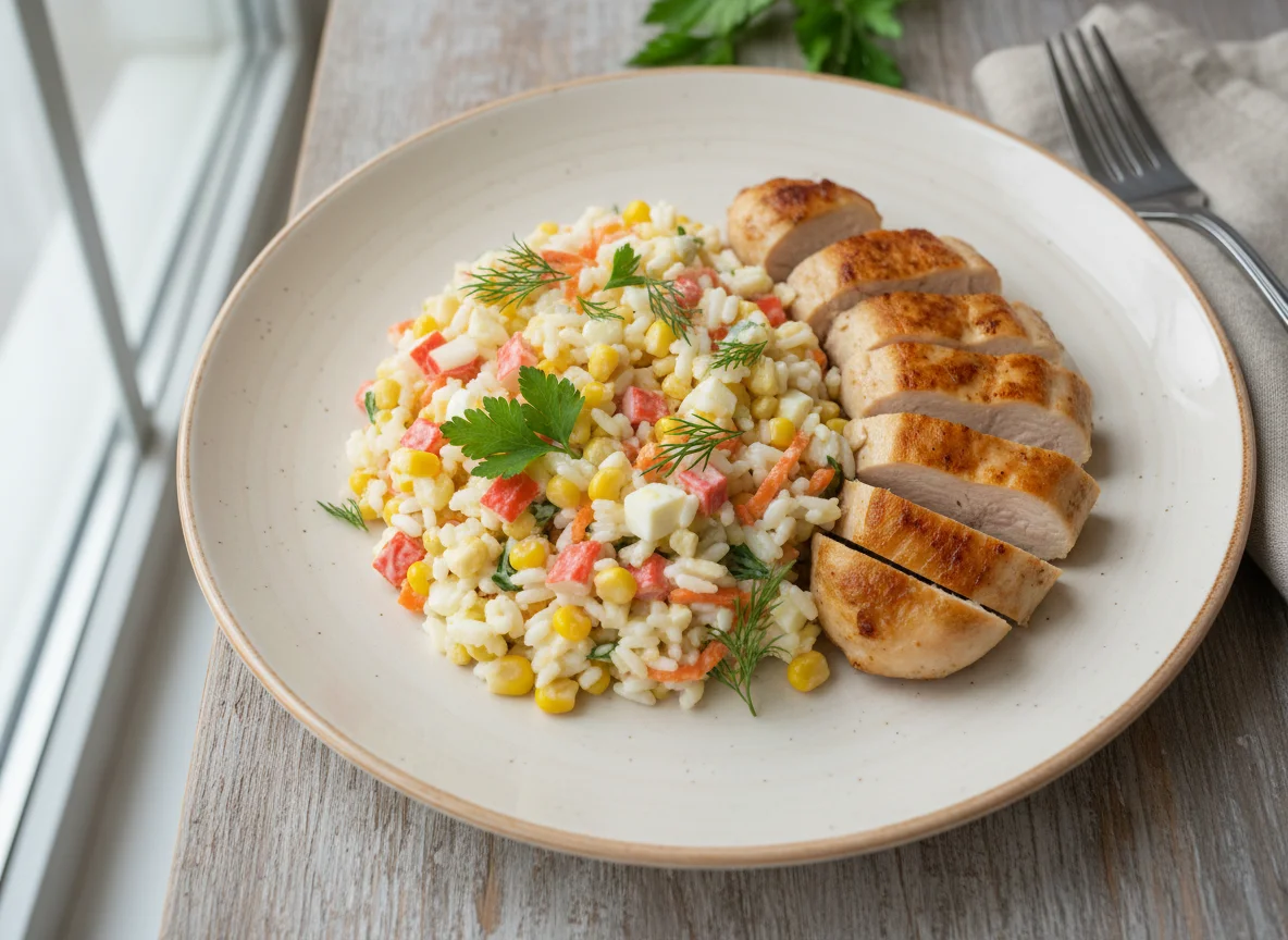 Курица с рисовым салатом photo