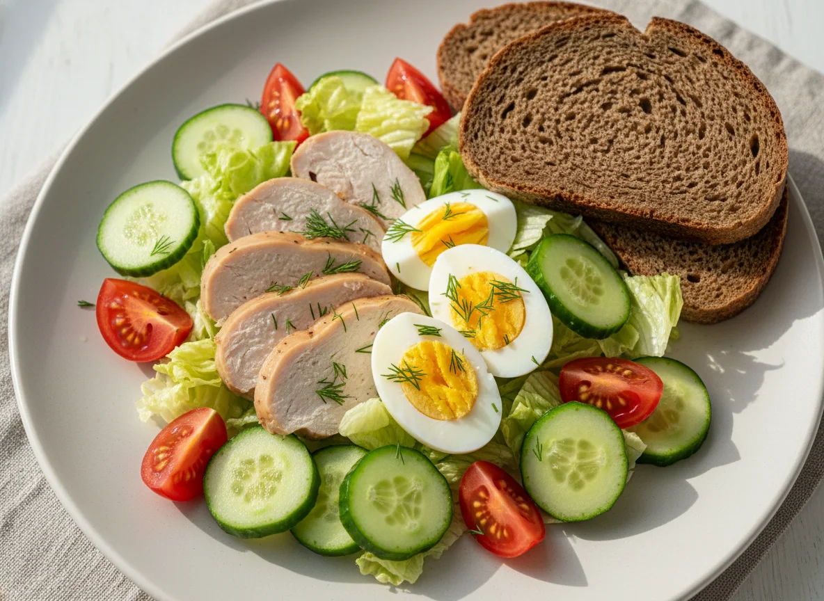 Курица с салатом, яйцами и хлебом photo