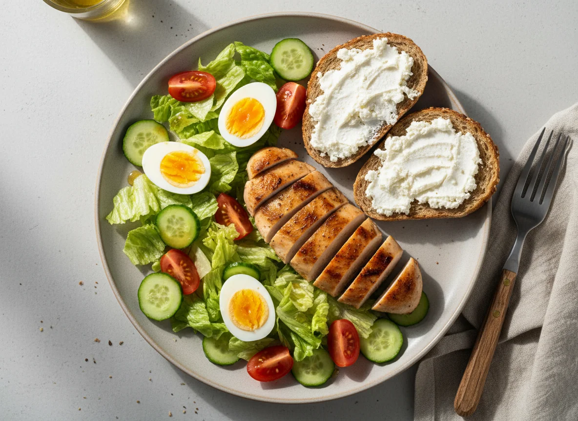 Курица с салатом, яйцами и тостами с творожным сыром photo