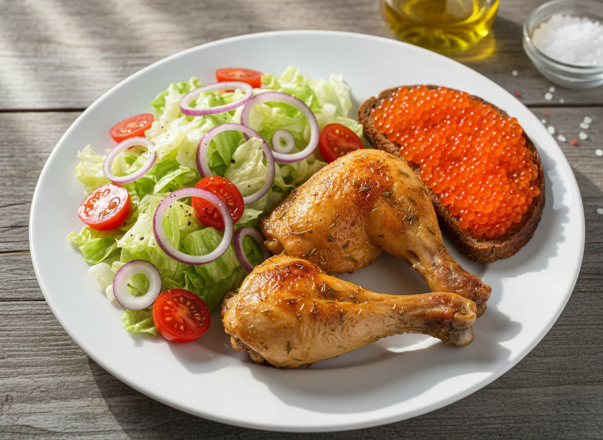 Курица с салатом и бутербродом с икрой photo