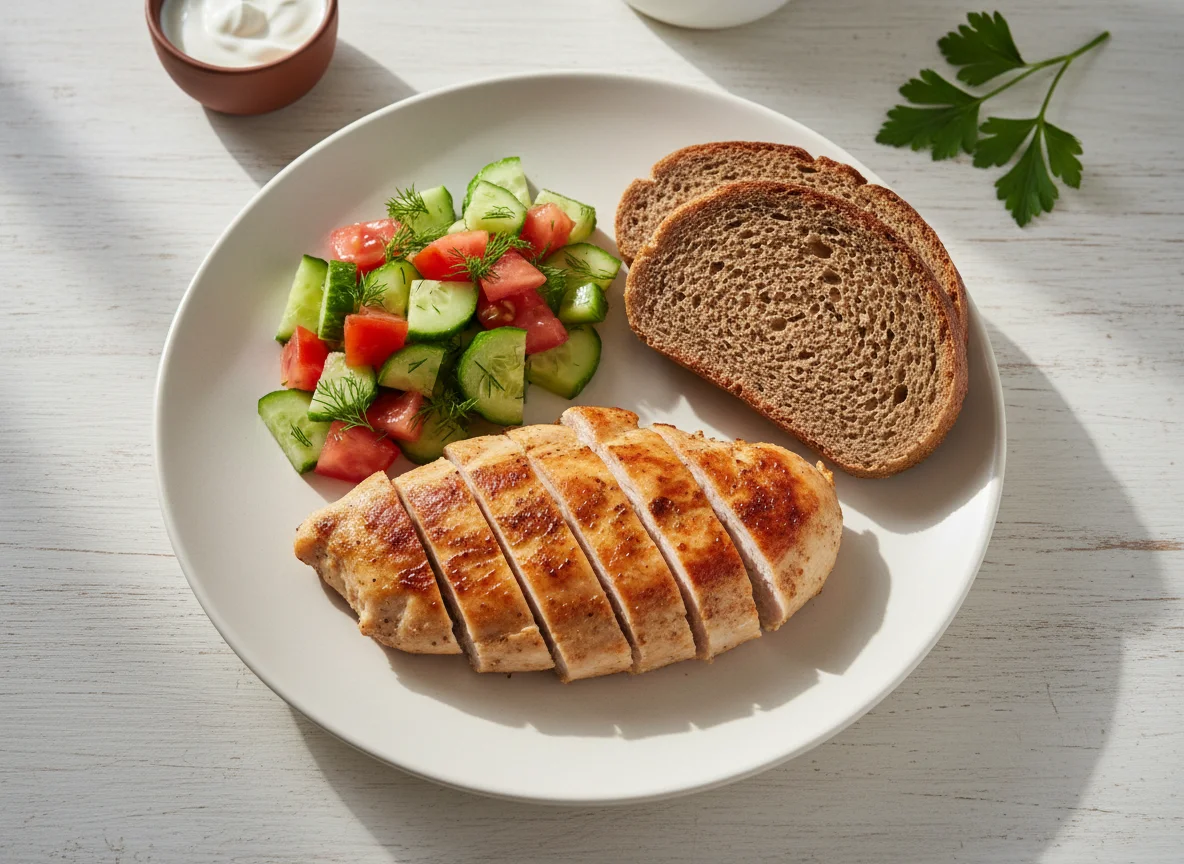 Курица с салатом и хлебом photo