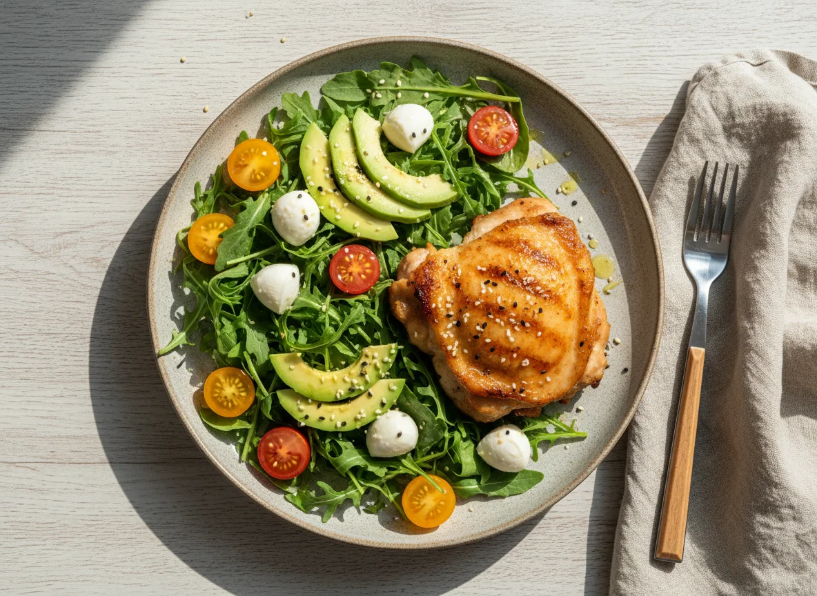 Курица с салатом из рукколы, моцареллы и авокадо photo