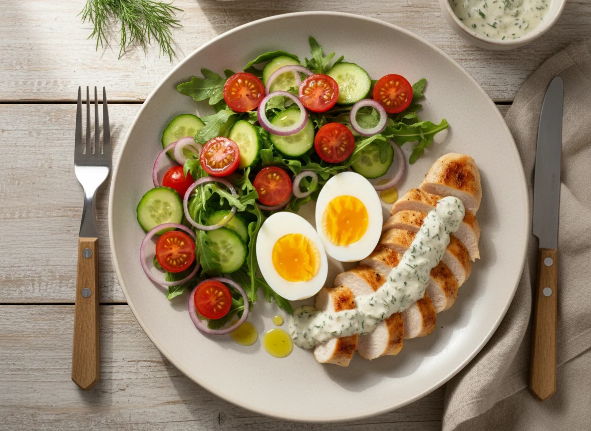 Курица с соусом, яйца и овощной салат photo