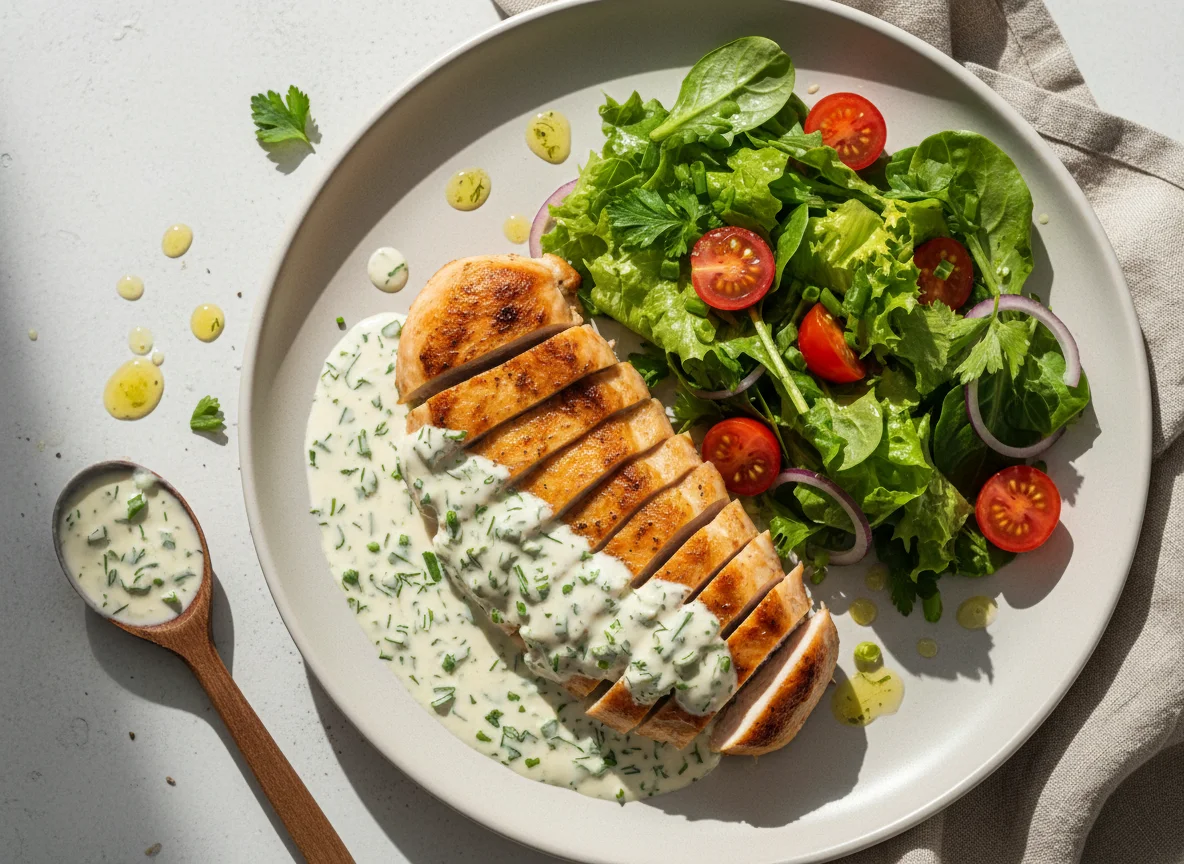 Курица с соусом и овощным салатом photo