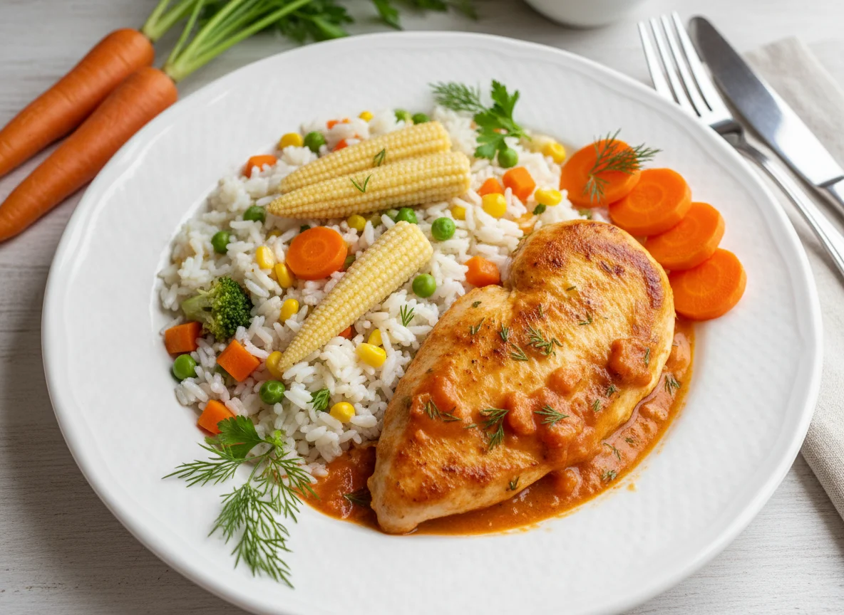 Курица с соусом, овощной рис и морковь photo