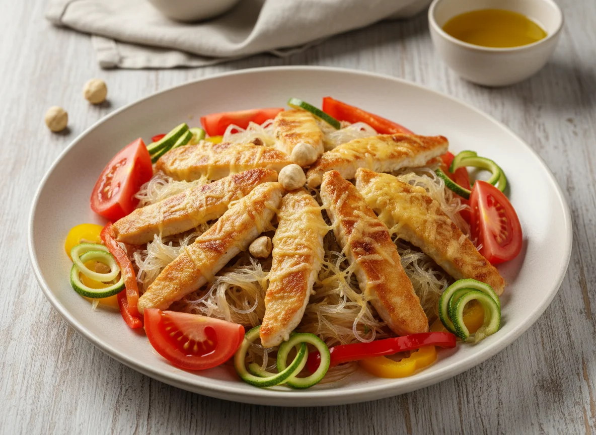 Курица с сыром и фунчозой с овощами photo
