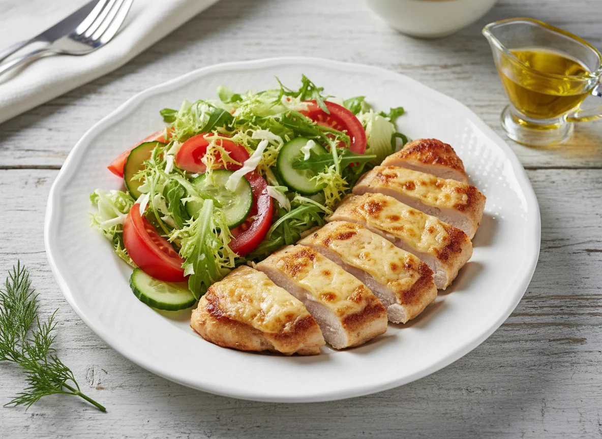 Курица с сыром и овощным салатом photo