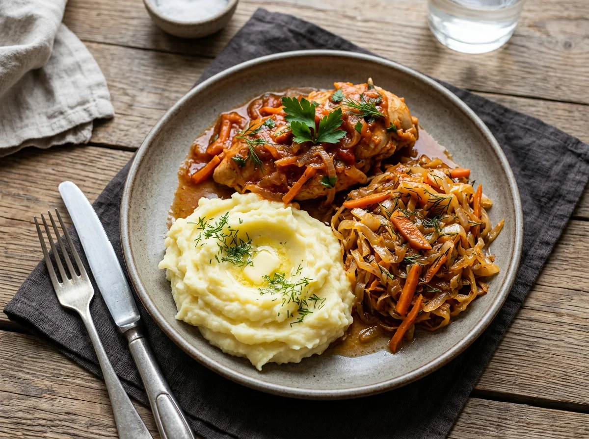 Курица с тушеной капустой и картофельным пюре photo