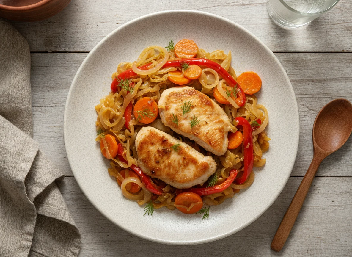 Курица с тушеной капустой и овощами photo