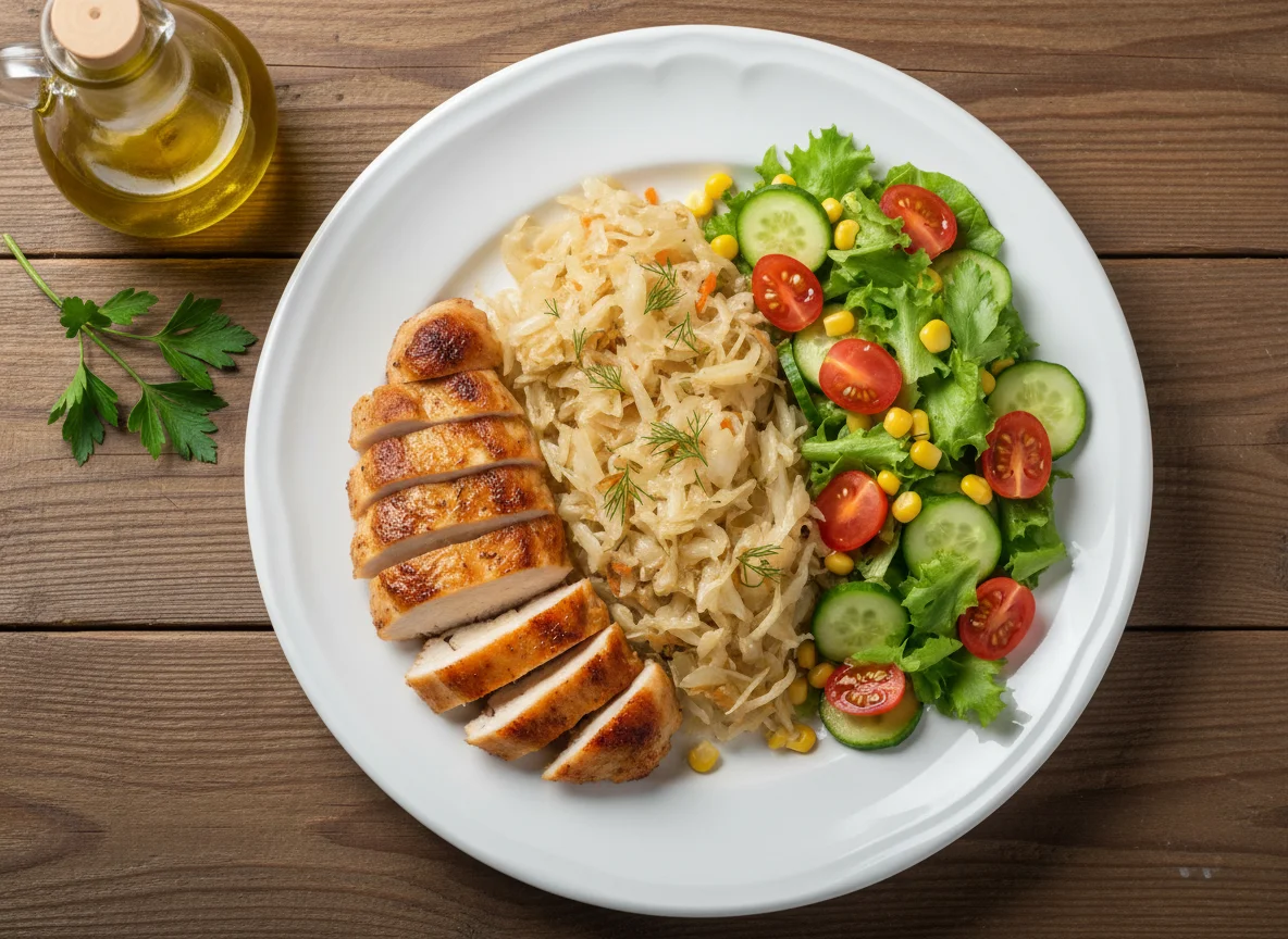 Курица с тушеной капустой и овощным салатом photo