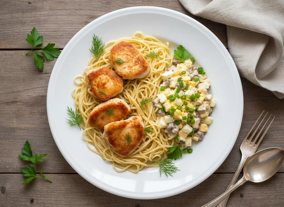 Курица с вермишелью и салат photo