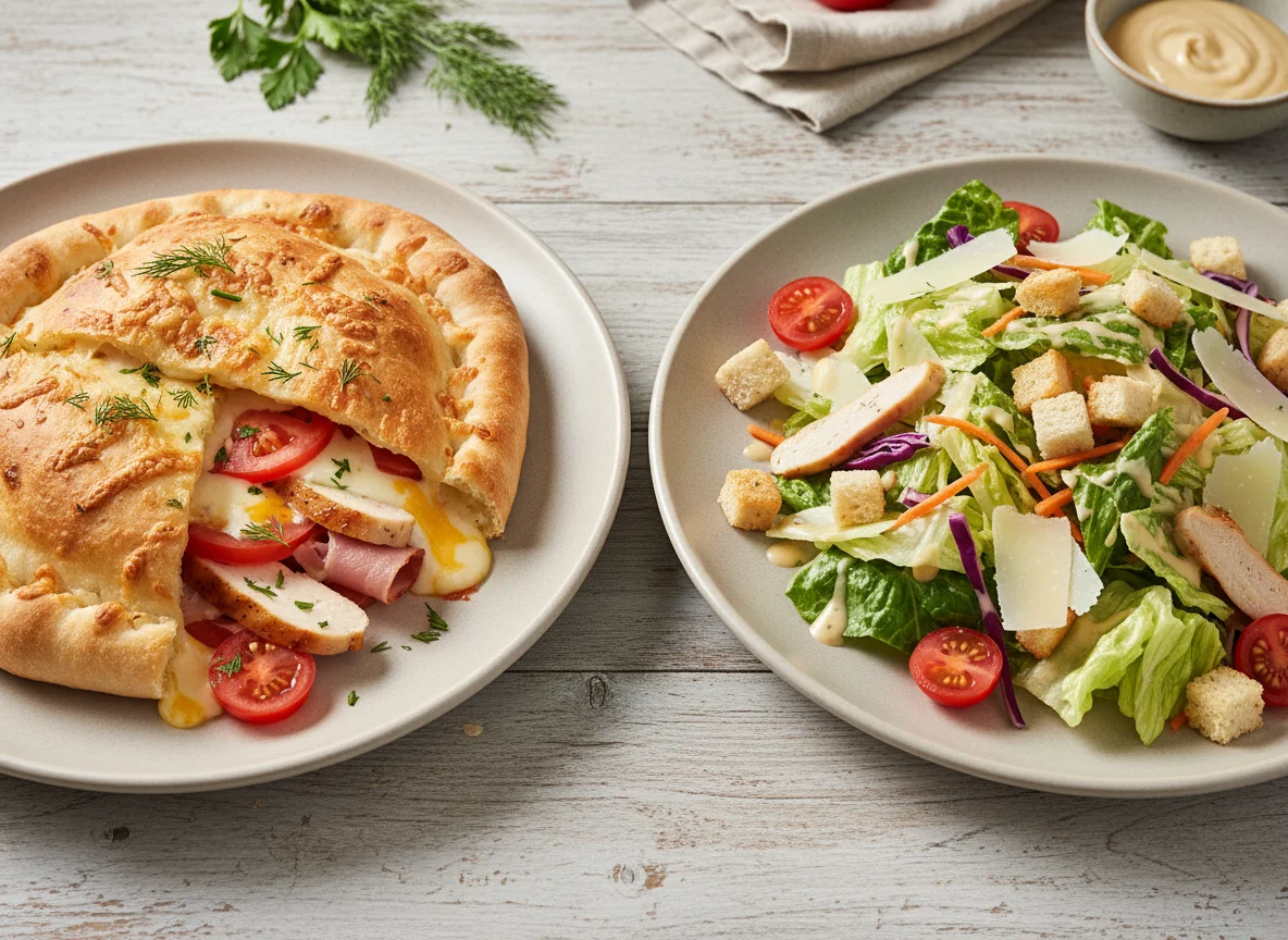 Курица с ветчиной, помидором и сыром и салат Цезарь photo