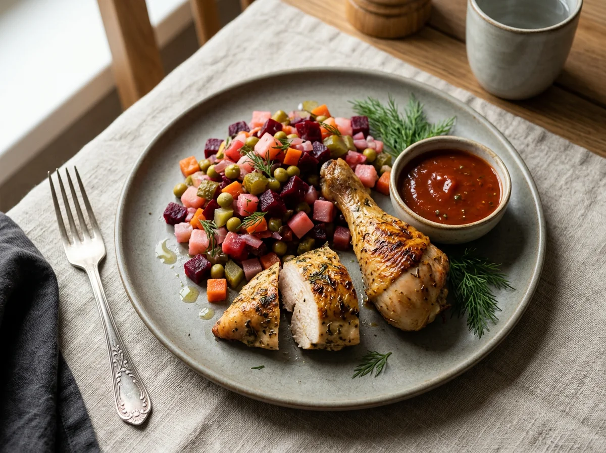 Курица с винегретом и соусом photo