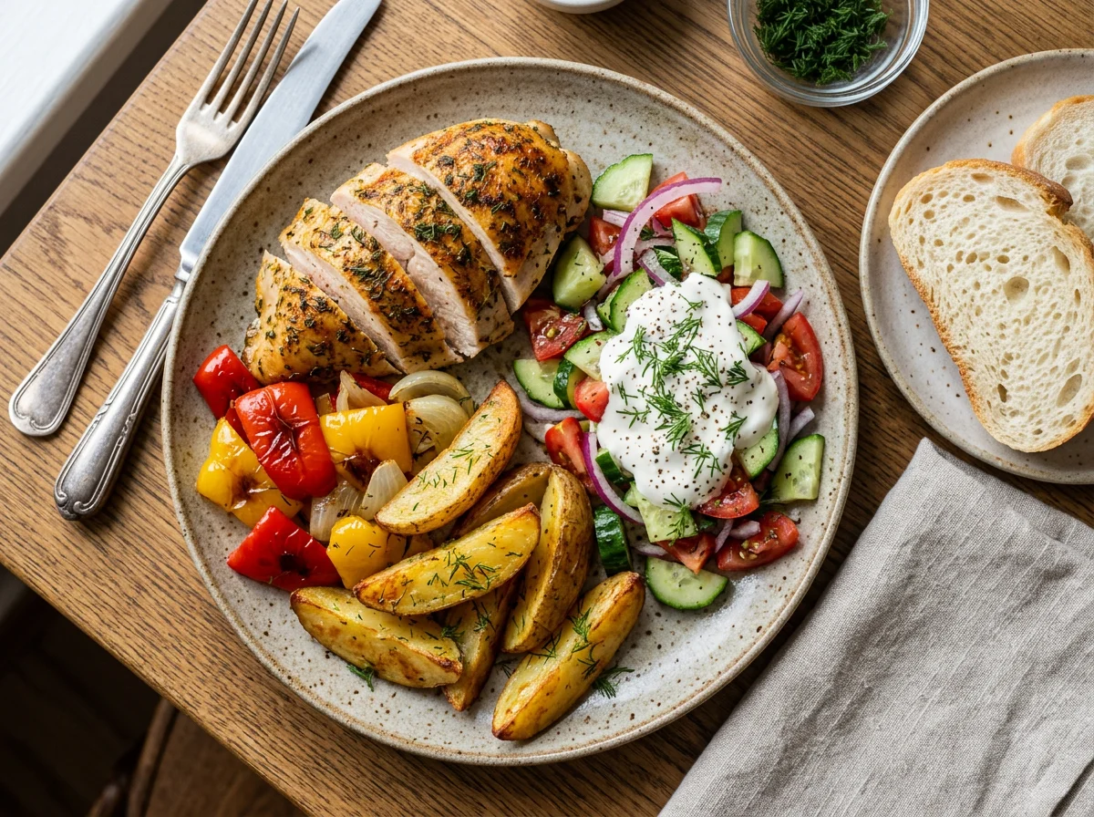 Курица с запеченным картофелем и овощным салатом photo