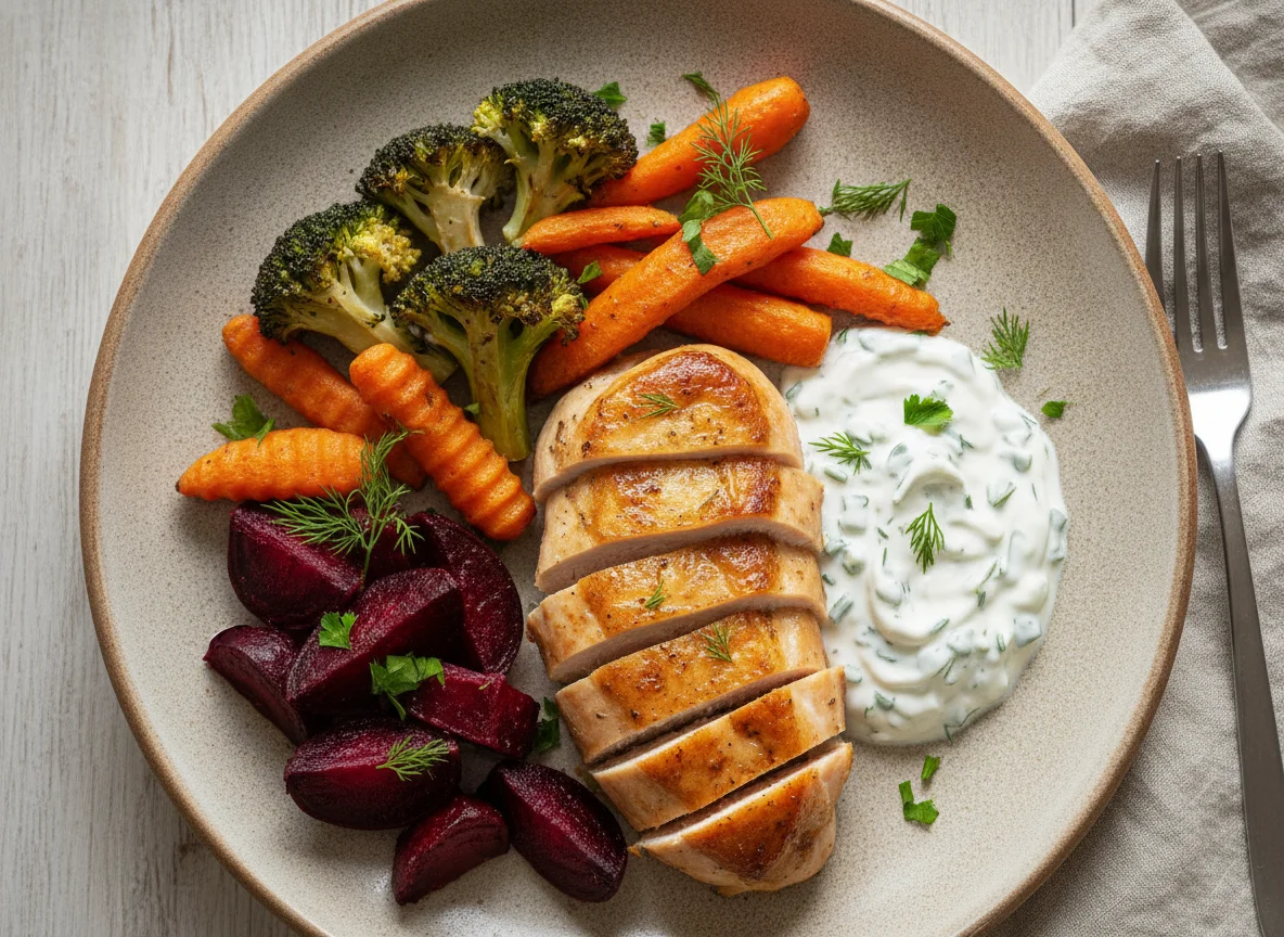 Курица с запеченными овощами и соусом photo