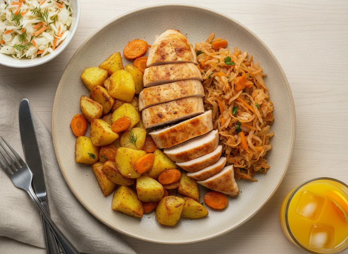Курица с жареными овощами и салатом из капусты photo
