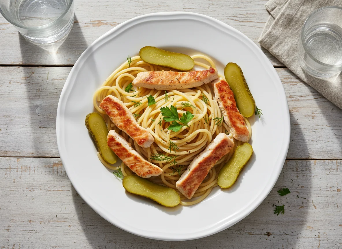 Курица со спагетти и маринованными огурцами photo