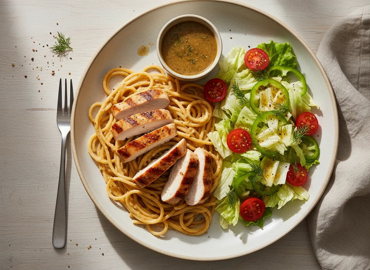 Курица со спагетти и овощным салатом photo