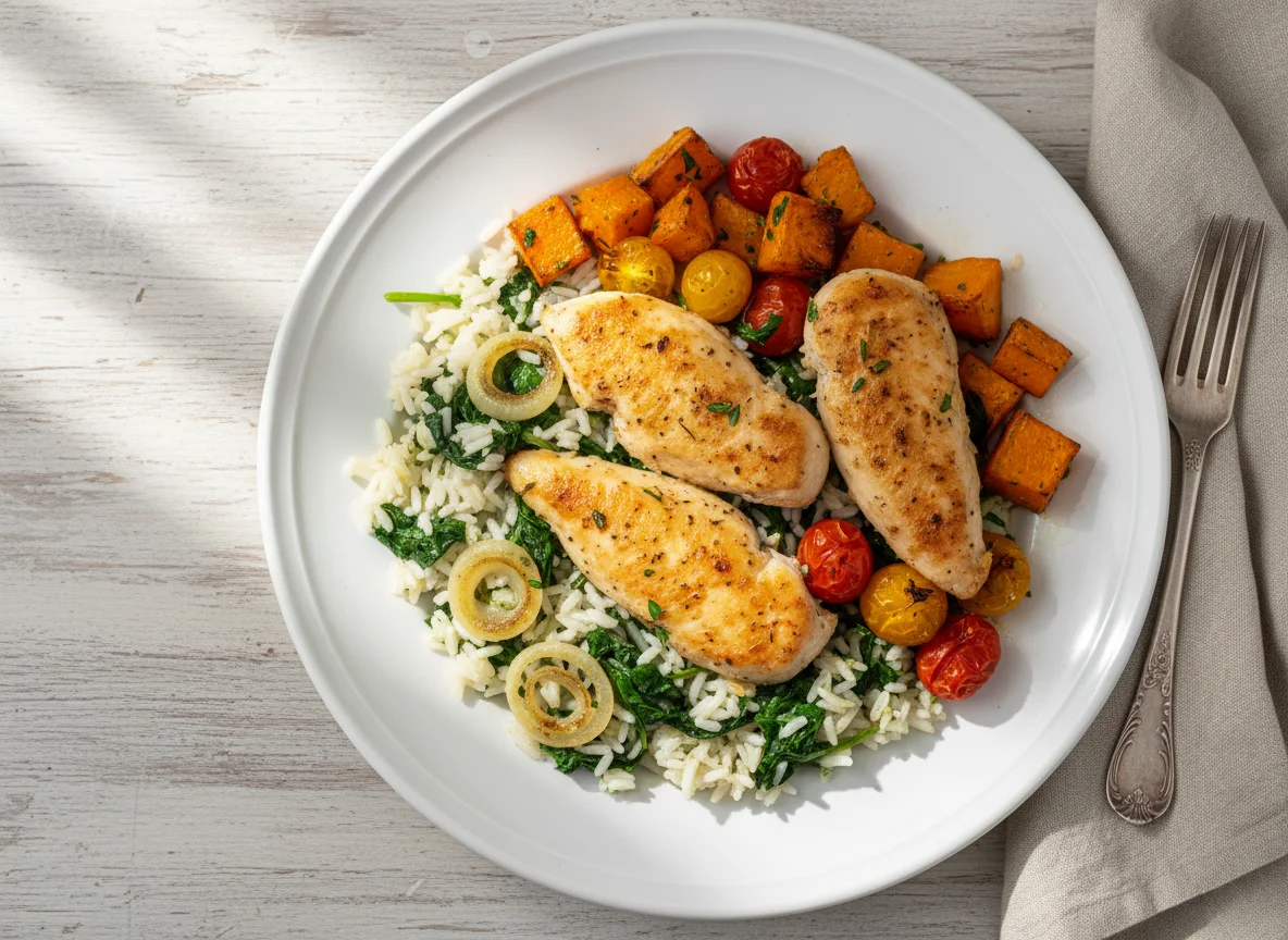 Курица со шпинатом и рисом photo