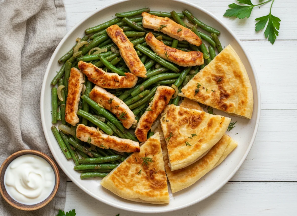 Курица со стручковой фасолью и лепешкой photo