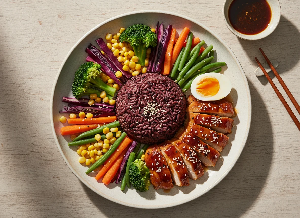 Курица терияки с черным рисом и овощами photo