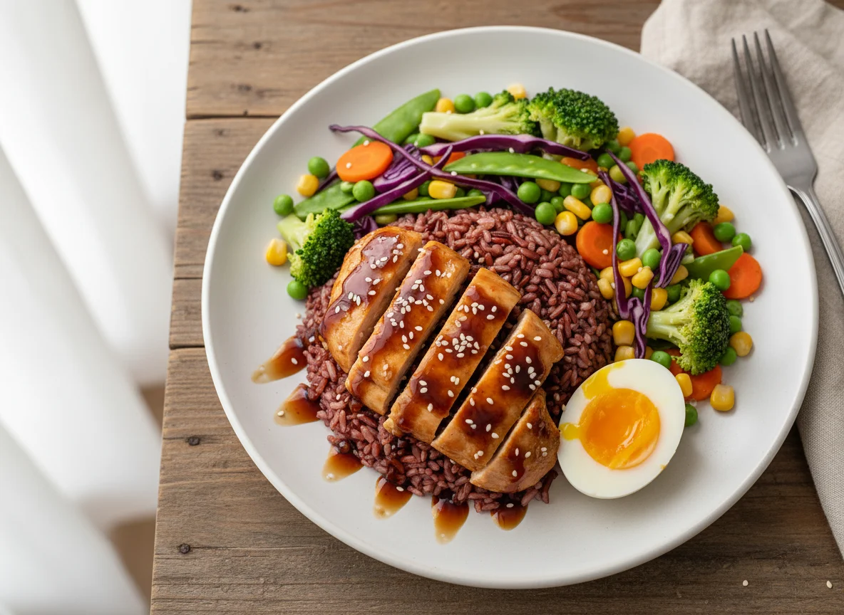 Курица терияки с красным рисом и овощами photo