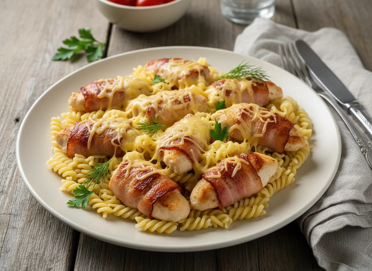 Курица в беконе с макаронами photo