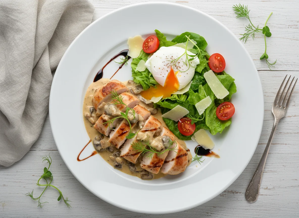 Курица в грибном соусе с салатом photo