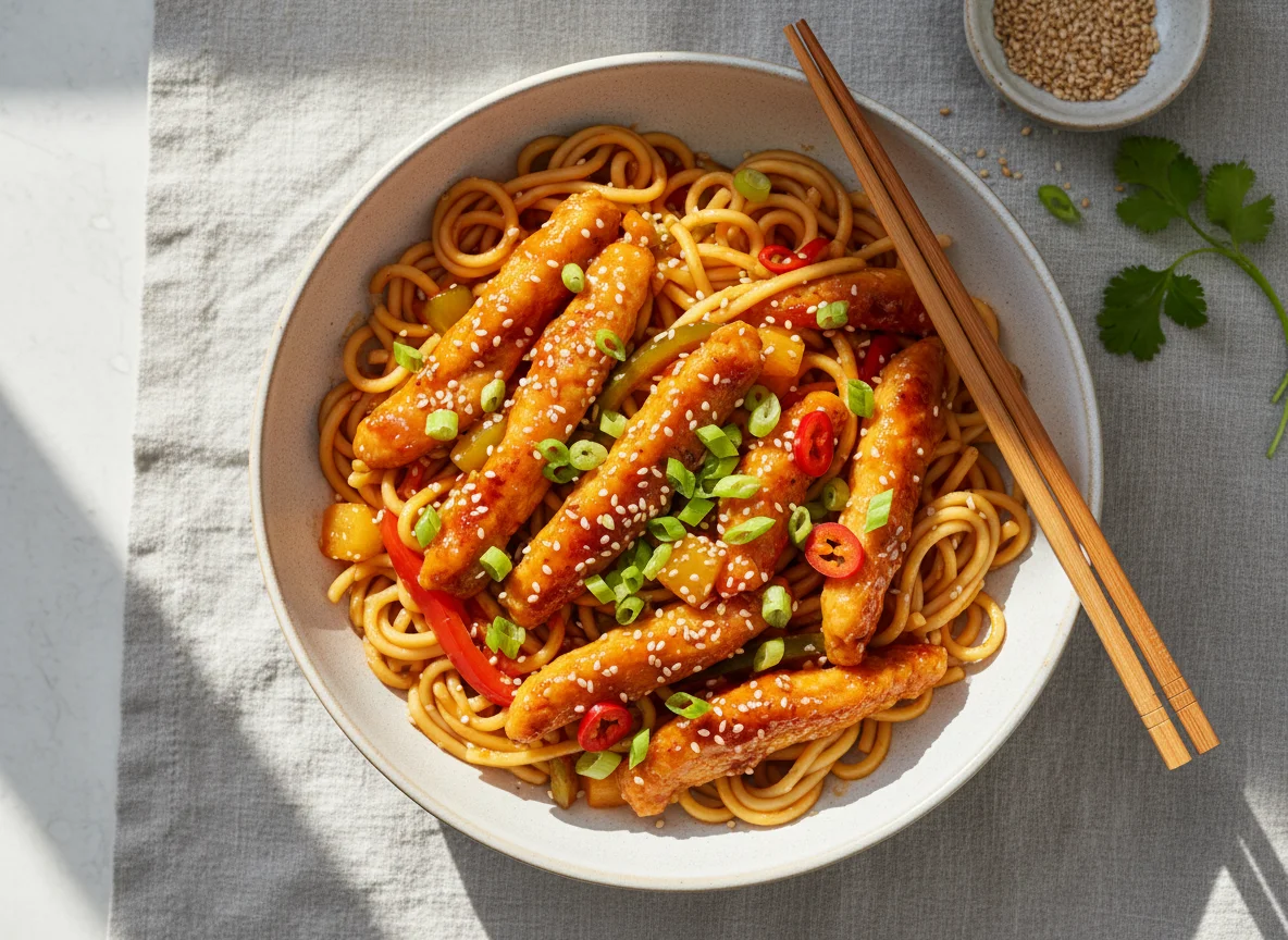 Курица в кисло-сладком соусе с лапшой photo