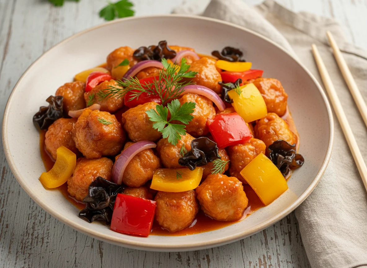 Курица в кисло-сладком соусе с овощами и грибами photo