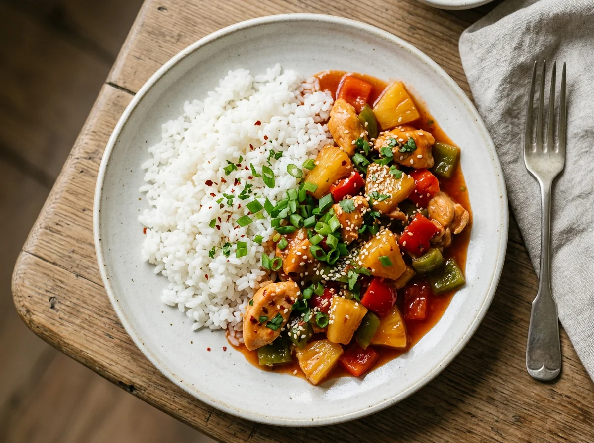 Курица в кисло-сладком соусе с рисом и ананасами photo