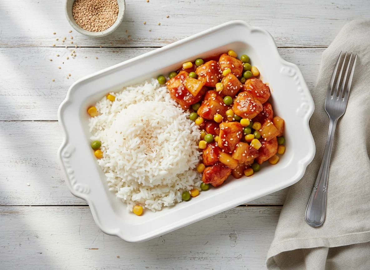 Курица в кисло-сладком соусе с рисом и овощами photo