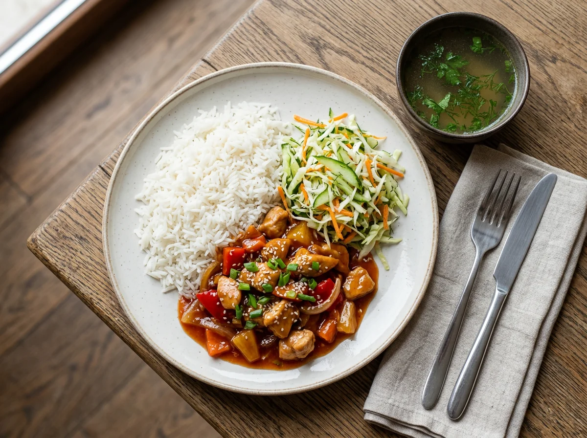 Курица в кисло-сладком соусе с рисом и салатом photo